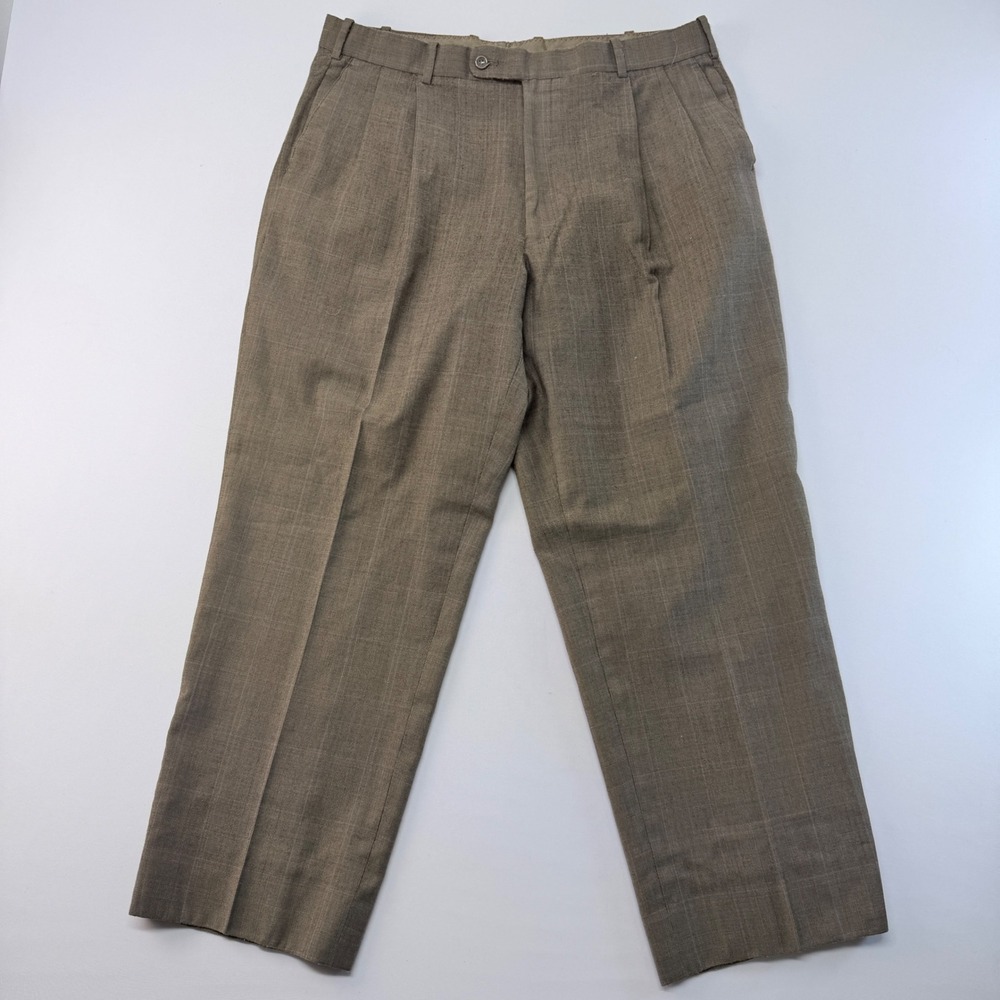 Lineage Milan New York Mens Pleated Dress Pants Taupe Glen Plaid 36X28